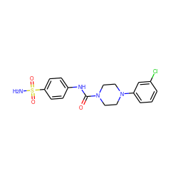 NS(=O)(=O)c1ccc(NC(=O)N2CCN(c3cccc(Cl)c3)CC2)cc1 ZINC000018175027