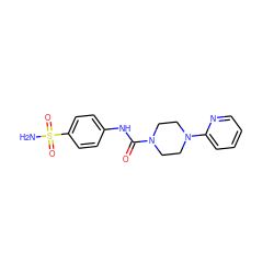 NS(=O)(=O)c1ccc(NC(=O)N2CCN(c3ccccn3)CC2)cc1 ZINC000018175160