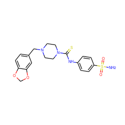 NS(=O)(=O)c1ccc(NC(=S)N2CCN(Cc3ccc4c(c3)OCO4)CC2)cc1 ZINC000019815098