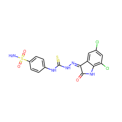 NS(=O)(=O)c1ccc(NC(=S)NN=C2C(=O)Nc3c(Cl)cc(Cl)cc32)cc1 ZINC001772574839