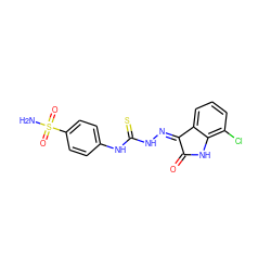 NS(=O)(=O)c1ccc(NC(=S)NN=C2C(=O)Nc3c(Cl)cccc32)cc1 ZINC001772617692