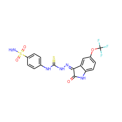 NS(=O)(=O)c1ccc(NC(=S)NN=C2C(=O)Nc3ccc(OC(F)(F)F)cc32)cc1 ZINC001772593360