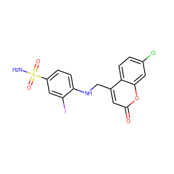 NS(=O)(=O)c1ccc(NCc2cc(=O)oc3cc(Cl)ccc23)c(I)c1 ZINC000027742248