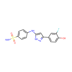 NS(=O)(=O)c1ccc(Nc2cc(-c3ccc(O)c(F)c3)n[nH]2)cc1 ZINC000013538177