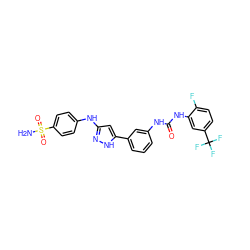 NS(=O)(=O)c1ccc(Nc2cc(-c3cccc(NC(=O)Nc4cc(C(F)(F)F)ccc4F)c3)[nH]n2)cc1 ZINC000014946049