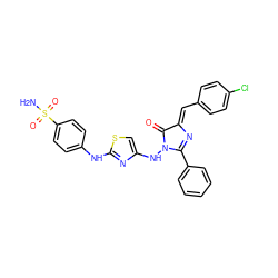 NS(=O)(=O)c1ccc(Nc2nc(NN3C(=O)/C(=C/c4ccc(Cl)cc4)N=C3c3ccccc3)cs2)cc1 ZINC000653834988