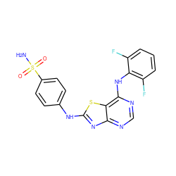 NS(=O)(=O)c1ccc(Nc2nc3ncnc(Nc4c(F)cccc4F)c3s2)cc1 ZINC000034874964