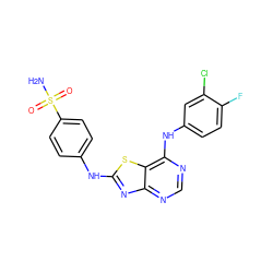 NS(=O)(=O)c1ccc(Nc2nc3ncnc(Nc4ccc(F)c(Cl)c4)c3s2)cc1 ZINC000040896167