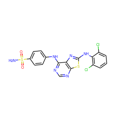 NS(=O)(=O)c1ccc(Nc2ncnc3sc(Nc4c(Cl)cccc4Cl)nc23)cc1 ZINC000040395810