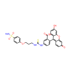 NS(=O)(=O)c1ccc(OCCCNC(=S)Nc2ccc(-c3c4ccc(=O)cc-4oc4cc(O)ccc34)c(C(=O)O)c2)cc1 ZINC000299841057