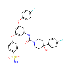 NS(=O)(=O)c1ccc(Oc2cc(NC(=O)N3CCC(O)(c4ccc(F)cc4)CC3)cc(Oc3ccc(F)cc3)c2)cc1 ZINC000224467271