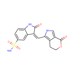 NS(=O)(=O)c1ccc2c(c1)/C(=C/c1[nH]cc3c1CCOC3=O)C(=O)N2 ZINC000013490186