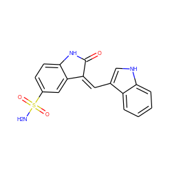 NS(=O)(=O)c1ccc2c(c1)/C(=C/c1c[nH]c3ccccc13)C(=O)N2 ZINC000013538921