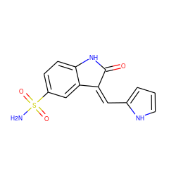 NS(=O)(=O)c1ccc2c(c1)/C(=C/c1ccc[nH]1)C(=O)N2 ZINC000081048988