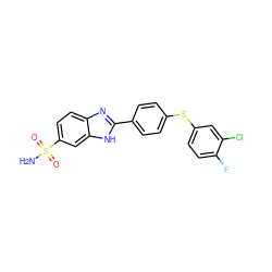 NS(=O)(=O)c1ccc2nc(-c3ccc(Sc4ccc(F)c(Cl)c4)cc3)[nH]c2c1 ZINC000038450881