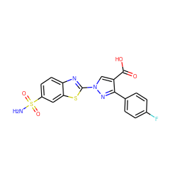 NS(=O)(=O)c1ccc2nc(-n3cc(C(=O)O)c(-c4ccc(F)cc4)n3)sc2c1 ZINC000299821686