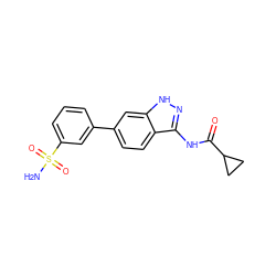 NS(=O)(=O)c1cccc(-c2ccc3c(NC(=O)C4CC4)n[nH]c3c2)c1 ZINC000013538589