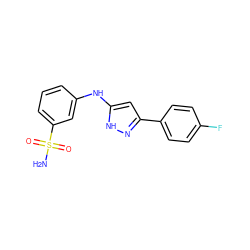 NS(=O)(=O)c1cccc(Nc2cc(-c3ccc(F)cc3)n[nH]2)c1 ZINC000012354867