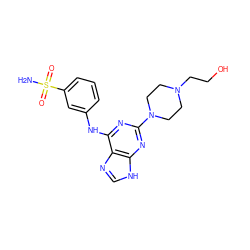 NS(=O)(=O)c1cccc(Nc2nc(N3CCN(CCO)CC3)nc3[nH]cnc23)c1 ZINC000053312833