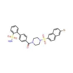 NS(=O)(=O)c1ccccc1-c1ccc(C(=O)N2CCN(S(=O)(=O)c3ccc4cc(Br)ccc4c3)CC2)cc1 ZINC000026185386