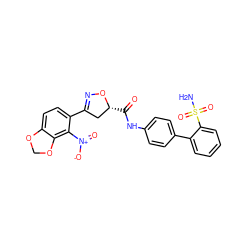 NS(=O)(=O)c1ccccc1-c1ccc(NC(=O)[C@@H]2CC(c3ccc4c(c3[N+](=O)[O-])OCO4)=NO2)cc1 ZINC000013489908