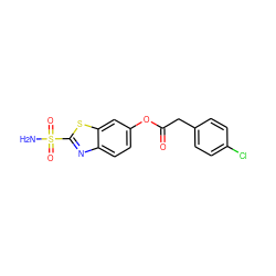 NS(=O)(=O)c1nc2ccc(OC(=O)Cc3ccc(Cl)cc3)cc2s1 ZINC000026496380