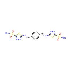 NS(=O)(=O)c1nnc(/N=C/c2ccc(/C=N/c3nnc(S(N)(=O)=O)s3)cc2)s1 ZINC001772582492