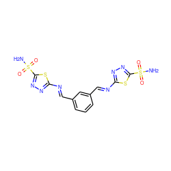 NS(=O)(=O)c1nnc(/N=C/c2cccc(/C=N/c3nnc(S(N)(=O)=O)s3)c2)s1 ZINC001772572439