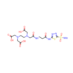 NS(=O)(=O)c1nnc(NC(=O)CCNC(=O)CN(CCN(CC(=O)O)CC(=O)O)CC(=O)O)s1 ZINC000029247872