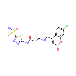 NS(=O)(=O)c1nnc(NC(=O)CCNCc2cc(=O)oc3cc(Cl)ccc23)s1 ZINC000027743047