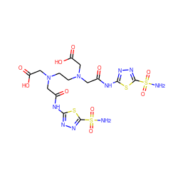 NS(=O)(=O)c1nnc(NC(=O)CN(CCN(CC(=O)O)CC(=O)Nc2nnc(S(N)(=O)=O)s2)CC(=O)O)s1 ZINC000034717937