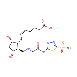 NS(=O)(=O)c1nnc(NC(=O)CNC[C@H]2[C@H](O)C[C@H](O)[C@@H]2C/C=C\CCCC(=O)O)s1 ZINC000095581156