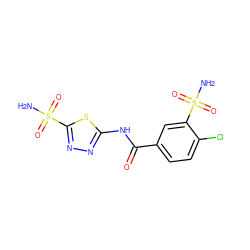 NS(=O)(=O)c1nnc(NC(=O)c2ccc(Cl)c(S(N)(=O)=O)c2)s1 ZINC000003964187