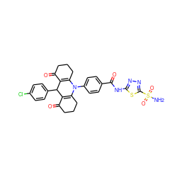 NS(=O)(=O)c1nnc(NC(=O)c2ccc(N3C4=C(C(=O)CCC4)C(c4ccc(Cl)cc4)C4=C3CCCC4=O)cc2)s1 ZINC000653882123