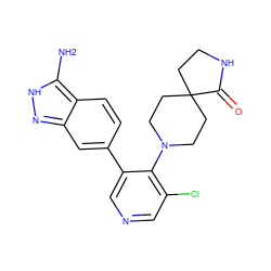 Nc1[nH]nc2cc(-c3cncc(Cl)c3N3CCC4(CCNC4=O)CC3)ccc12 ZINC000263621368