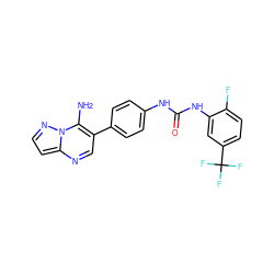 Nc1c(-c2ccc(NC(=O)Nc3cc(C(F)(F)F)ccc3F)cc2)cnc2ccnn12 ZINC000040835188