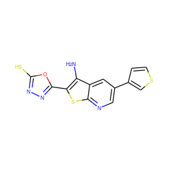 Nc1c(-c2nnc(S)o2)sc2ncc(-c3ccsc3)cc12 ZINC001772645795