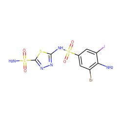 Nc1c(Br)cc(S(=O)(=O)Nc2nnc(S(N)(=O)=O)s2)cc1I ZINC000014948370