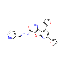 Nc1c(C(=O)N/N=C/c2cccnc2)oc2nc(-c3ccco3)cc(-c3ccco3)c12 ZINC000001035615