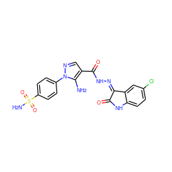 Nc1c(C(=O)NN=C2C(=O)Nc3ccc(Cl)cc32)cnn1-c1ccc(S(N)(=O)=O)cc1 ZINC000473154803