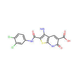 Nc1c(C(=O)Nc2ccc(Cl)c(Cl)c2)sc2[nH]c(=O)c(C(=O)O)cc12 ZINC000004789484