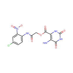 Nc1c(C(=O)OCC(=O)Nc2ccc(Cl)cc2[N+](=O)[O-])[nH]c(=O)[nH]c1=O ZINC000009120655