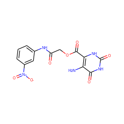 Nc1c(C(=O)OCC(=O)Nc2cccc([N+](=O)[O-])c2)[nH]c(=O)[nH]c1=O ZINC000003434377