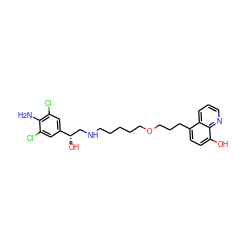 Nc1c(Cl)cc([C@@H](O)CNCCCCCOCCCc2ccc(O)c3ncccc23)cc1Cl ZINC000045303155