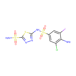 Nc1c(Cl)cc(S(=O)(=O)Nc2nnc(S(N)(=O)=O)s2)cc1I ZINC000013520217