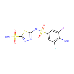 Nc1c(F)cc(S(=O)(=O)Nc2nnc(S(N)(=O)=O)s2)cc1I ZINC000013520205