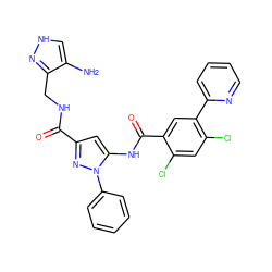 Nc1c[nH]nc1CNC(=O)c1cc(NC(=O)c2cc(-c3ccccn3)c(Cl)cc2Cl)n(-c2ccccc2)n1 ZINC001772612439