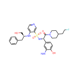 Nc1cc([C@H](NS(=O)(=O)c2cnccc2N[C@H](CO)Cc2ccccc2)C(=O)N2CCC(CCF)CC2)ccc1O ZINC000036093436