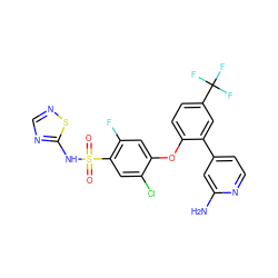 Nc1cc(-c2cc(C(F)(F)F)ccc2Oc2cc(F)c(S(=O)(=O)Nc3ncns3)cc2Cl)ccn1 ZINC000095580719
