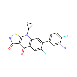 Nc1cc(-c2cc3c(cc2F)c(=O)c2c(=O)[nH]sc2n3C2CC2)ccc1F ZINC000028572136